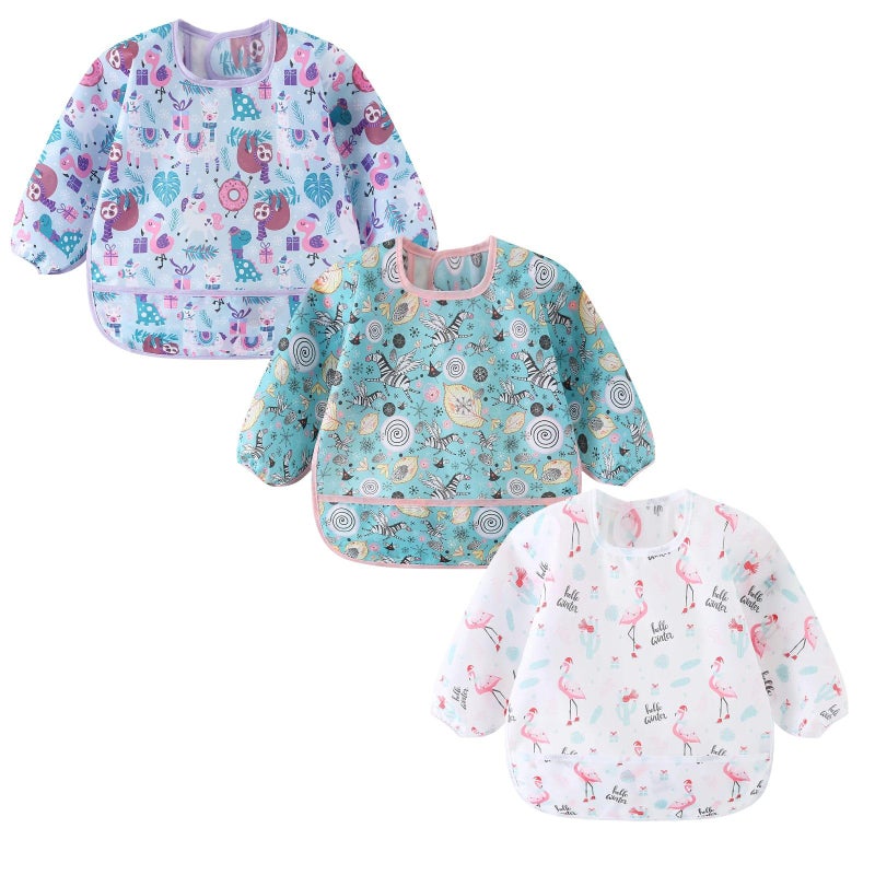ElecMotive 3 Pack Long Sleeve Bib,Baby Smock for Eating 6-30 Months Reusable Shirt Bibs for Babies Toddler - Image 1